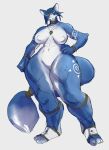  2021 amulet anthro big_breasts blue_body blue_fur blue_hair breasts canid choker digital_media_(artwork) featureless_crotch female freebird11 fur hair hand_on_hip hi_res jewelry krystal looking_up mammal muscular muscular_female necklace nintendo nipples simple_background solo standing star_fox tail tattoo 