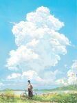  1girl backpack bag baggy_pants bicycle black_hair black_pants blue_sky braid cloud daisy day fence flower grass ground_vehicle highres original outdoors pants sarah_buchholz shirt sky solo twin_braids water white_flower white_shirt 