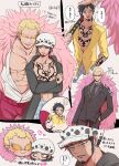  3boys abs alternate_costume arm_tattoo black_coat black_hair blonde_hair blush chest_tattoo chibi cigarette coat collarbone commentary_request crossed_arms denim donquixote_doflamingo donquixote_rocinante earrings facial_hair feather_coat goatee grey_eyes hand_in_pocket hand_on_another&#039;s_head hand_tattoo hat heart height_difference holding holding_sheath holding_sword holding_weapon jeans jewelry looking_at_another makeup male_focus multiple_boys muscular muscular_male nashieda navel one_piece open_clothes open_mouth pants pectorals pink_coat sheath shirt short_hair smile speech_bubble sunglasses sword tattoo tinted_eyewear trafalgar_law translation_request turn_pale weapon white-framed_eyewear white_shirt yaoi yellow_shirt 