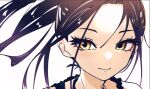  1girl black_dress black_hair close-up dress expressionless floating_hair kamisaki_hikaru long_hair looking_to_the_side medalist_(manga) nzeneee ponytail simple_background sketch solo white_background yellow_eyes 