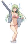  1girl :d absurdres alternate_costume amagi_(amagi626) arm_up armpits bare_legs barefoot bikini blue_eyes blush breasts cleavage collarbone contemporary curvy frog_hair_ornament front-tie_bikini_top front-tie_top full_body green_hair grey_jacket hair_between_eyes hair_ornament hair_tubes halterneck happy highres jacket kochiya_sanae large_breasts long_hair long_sleeves looking_at_viewer navel no_pants open_clothes open_jacket open_mouth outstretched_arm pink_bikini side-tie_bikini_bottom sidelocks simple_background skindentation sleeves_past_wrists smile solo sparkle standing stomach string_bikini swimsuit thighs touhou translated underboob wading water white_background 