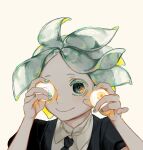  1other absurdres androgynous aqua_hair aqua_nails black_eyes black_necktie blonde_hair closed_mouth colored_eyelashes commentary english_commentary eyeball floating_hair gem_uniform_(houseki_no_kuni) glowing glowing_eye green_hair green_nails hands_up highres holding_eyeball houseki_no_kuni iciriini looking_ahead multicolored_hair necktie one_eye_covered orange_eyes other_focus phosphophyllite puffy_short_sleeves puffy_sleeves short_hair short_sleeves simple_background smile solo streaked_hair translucent_hair white_background 