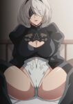  1girl 2b_(nier:automata) anus anus_peek black_blindfold black_hairband black_thighhighs blindfold breasts clothing_cutout hairband hara_(harayutaka) large_breasts long_sleeves mole mole_under_mouth nier:automata nier_(series) puffy_sleeves short_hair solo spread_legs thighhighs white_hair 