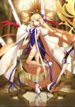  1girl ahoge artoria_caster_(fate) artoria_caster_(swimsuit)_(fate) artoria_pendragon_(fate) bare_legs bare_shoulders blue_one-piece_swimsuit blue_ribbon boots diamond_(shape) fate/grand_order fate_(series) gold_trim green_eyes hair_between_eyes long_hair long_sleeves official_art one-piece_swimsuit ribbon swimsuit takeuchi_takashi twintails very_long_hair white_footwear 