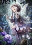  1girl animal dress earrings fairy_wings flower glowing_tattoo grass highres holding holding_animal jewelry mushroom original pointy_ears rain shell sidelocks sitting sitting_on_mushroom snail solo tattoo touchika tree water_drop white_hair wings 