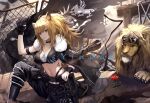  1girl animal animal_ears arknights artist_name as_yinshimao bikini black_bikini black_gloves day fingerless_gloves flower gloves goggles goggles_on_head jacket knee_up lion lion_ears lion_girl long_hair midriff outdoors pants rose rubble siege_(arknights) single_glove sitting swimsuit yellow_eyes 