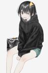  1girl aqua_shorts black_eyes black_hair black_hoodie choppy_bangs cropped_legs ginkgo_leaf highres hood hoodie knees leaf leaf_on_head looking_at_viewer one_eye_closed open_mouth original shorts sidelocks sitting sleeves_past_wrists solo white_background xxxsoiu1 