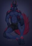  absurd_res anthro biceps blue_eyes bottomwear bulge canid canine clothed clothing ear_piercing fluffy fluffy_tail fur hair hi_res horn looking_at_viewer male mammal muscular muscular_anthro muscular_male pants pants_only piercing smile solo tail underwear zempy3 