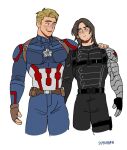  2boys artist_name bara blonde_hair blue_eyes blush brown_gloves brown_hair captain_america cyborg facial_hair gloves highres james_buchanan_barnes looking_at_another male_focus marvel marvel_cinematic_universe mechanical_arms multiple_boys muscular muscular_male simple_background single_arm_hug star_(symbol) suyohara upper_body white_background yaoi 