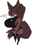 animal_humanoid big_breasts breasts brown_hair canid canid_humanoid canine canine_humanoid dark_body dark_skin directional_arrow eyes_closed female fox_humanoid hair huge_breasts humanoid mammal mammal_humanoid markings navel side_boob simple_background smile solo standing tail text thick_thighs wide_hips zanamaoria 