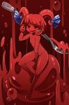 1girl blood bow earrings full_body holding_spork horn_bow horn_ornament horns jewelry looking_at_viewer monster_girl monsterification nude pointy_ears sheep_girl sheep_horns short_hair slime_girl slimification solo touhou toutetsu_yuuma yachi0 