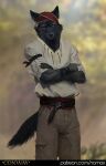  anthro black_body black_fur black_nose blue_eyes bottomwear canid canine canis clothed clothing fur head_covering looking_at_viewer male mammal nomax pants red_belt shirt solo tail topwear white_clothing white_shirt white_topwear wolf wolf_(conway) 