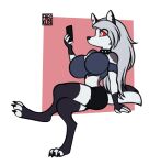  2023 anthro artist_name breasts canid canid_demon cellphone claws clothed clothing collar crossed_legs demon digital_media_(artwork) feet female fingers freckles_(artist) hair hellhound helluva_boss holding_cellphone holding_object holding_phone holding_smartphone long_hair loona_(helluva_boss) mammal notched_ear phone red_sclera silver_hair simple_background smartphone solo spiked_collar spikes tail toe_claws toes white_eyes 