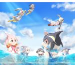  6+girls arm_at_side arm_up arms_at_sides bird_girl bird_tail bird_wings black-tailed_gull_(kemono_friends) black_hair blonde_hair blue_eyes blue_hair blue_sky blue_whale_(kemono_friends) cetacean_tail chinese_white_dolphin_(kemono_friends) closed_mouth common_bottlenose_dolphin_(kemono_friends) common_dolphin_(kemono_friends) common_gull_(kemono_friends) day dolphin_girl dorsal_fin dress fins fish_tail floating grey_hair grey_shirt hand_up head_fins head_wings highres kemono_friends letterboxed long_hair long_sleeves looking_at_another looking_up medium_hair multicolored_hair multiple_girls narwhal_(kemono_friends) necktie ocean open_mouth outdoors outstretched_arm pantyhose parted_lips partially_submerged ross&#039;s_gull_(kemono_friends) sailor_collar shirt shoes short_dress short_sleeves signature sky smile sunlight swimming tail tatsuno_newo water whale_girl white_hair wings yellow_eyes 