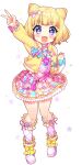  1girl arm_up blonde_hair blunt_bangs blush boots bracelet full_body heart heart-shaped_pupils highres jewelry long_sleeves looking_at_viewer minami_mirei msp_sammy open_mouth pretty_(series) pripara purple_eyes short_hair smile socks solo symbol-shaped_pupils v white_footwear white_socks 