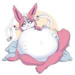  abdominal_bulge anthro anthro_pred bow_(feature) bow_ribbon eeveelution feladi female female_pred fur generation_6_pokemon grey_highlights hair hi_res highlights_(coloring) navel nintendo paw_imprint paws pillow pink_hair pokemon pokemon_(species) purple_eyes ribbons ribbons_(anatomy) solo sylveon vore white_body white_fur yumikori 