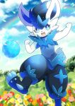  :d alternate_color alternate_shiny_pokemon animal_ears ball black_pants blue_eyes blue_shirt blue_sky blurry blurry_background cinderace cloud cloudy_sky commentary_request commission day depth_of_field flower kou_hiyoyo orange_flower outdoors pants pink_flower pokemon pokemon_(creature) puffy_pants rabbit_ears rabbit_tail rainbow red_flower shirt skeb_commission sky sleeveless sleeveless_shirt smile solo standing standing_on_one_leg tail white_flower yellow_flower 