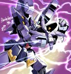  blue_eyes electricity highres holding holding_weapon huckebein_mk_iii looking_down mecha no_humans purple_background robot solo sparks super_robot_wars super_robot_wars_original_generation v-fin v-shaped_eyebrows weapon yuzupapa 