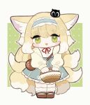  1girl animal_ear_fluff animal_ears arknights bag basket black_cat blonde_hair blue_hairband blue_skirt blush bobby_socks brown_bag brown_footwear cardigan cat chibi commentary crossover fox_ears fox_girl fox_tail frilled_hairband frills full_body green_eyes hair_ornament hair_scrunchie hairband heixiu high-waist_skirt highres holding holding_basket kitsune kyuubi long_hair long_sleeves looking_at_viewer luo_xiaohei_zhanji mary_janes multiple_tails neck_ribbon official_alternate_costume on_head open_cardigan open_clothes open_mouth puffy_long_sleeves puffy_sleeves red_ribbon ribbon round_bag scrunchie shirt shoes shoulder_bag skirt sleeve_cuffs socks solo someyaya standing suzuran_(arknights) suzuran_(spring_praise)_(arknights) tail white_shirt white_socks yellow_cardigan 