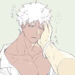  2boys archer_(fate) dark_skin fate_(series) hands_on_another&#039;s_cheeks hands_on_another&#039;s_face jacket male_focus multiple_boys muscular muscular_male open_mouth original simple_background sleepy white_eyes white_hair yubiki_mk 