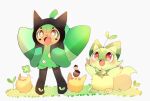  acorn animal_focus bird blush clover fang fangs four-leaf_clover grass green_fur leaf no_humans ogerpon open_mouth pokemon pokemon_(creature) red_eyes simple_background sprigatito standing star-shaped_pupils star_(symbol) symbol-shaped_pupils white_background yupo_0322 