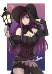  bare_shoulders breasts cleavage cm_lynarc fire_emblem fire_emblem_fates floating floating_object hat highres lantern large_breasts long_hair looking_at_viewer purple_hair witch witch_(fire_emblem_fates) witch_hat 