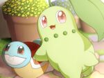  :d character_print chikorita commentary_request day grass highres looking_back monaka_(hc_pkmn) open_mouth outdoors plant pokemon potted_plant red_eyes smile squirtle tongue watering_can 