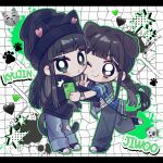  absurdres animal_ears animification black_eyes black_footwear black_headwear black_hoodie black_pants blue_sweater cat_ears chibi dog_ears dog_tail emoji freckles green_eyes hair_behind_ear heart highres hood hood_down hoodie hug jiwoo_(nmixx) k-pop kemonomimi_mode kyujin_(nmixx) letterboxed looking_at_viewer nmixx o_bianyi_didi_shu_o pants paw_print plaid plaid_sweater quad_braids real_life shirt shoes smile sneakers sweater sweatpants tail torn_clothes torn_pants v white_shirt 