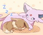  :3 animal_focus closed_eyes closed_mouth colored_sclera commentary_request eevee espeon forehead_jewel full_body gem highres looking_at_another lying neck_fur neko_gyoza no_humans on_side orange_background partial_commentary pokemon pokemon_(creature) purple_sclera red_gemstone sleeping u_u white_eyes zzz 