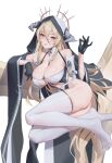  1girl azur_lane black_gloves blonde_hair breast_cutout breasts covered_navel cross fake_horns gloves guihuo_inferno habit hair_between_eyes half_gloves highres horns implacable_(azur_lane) large_breasts long_bangs long_hair looking_at_viewer nun pelvic_curtain revealing_clothes shirt_slip sitting solo thighhighs thighs two-tone_dress veil very_long_hair white_horns white_thighhighs 