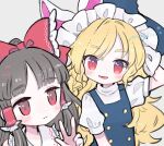  2girls :d blonde_hair blunt_bangs blush bow closed_mouth commentary_request expressionless flat_chest grey_background grey_hair hair_bow hair_tubes hakurei_reimu hand_up hat highres kirisame_marisa long_hair looking_ahead looking_at_another looking_to_the_side lower_teeth_only m_(m073111) multiple_girls open_mouth puffy_short_sleeves puffy_sleeves red_eyes short_sleeves simple_background smile swept_bangs teeth touhou turtleneck upper_body very_long_hair vest w wavy_hair witch_hat 