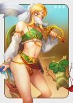  1boy arrow_(projectile) artist_name bare_shoulders blonde_hair blue_background blue_eyes blurry blurry_background breasts bridal_gauntlets brown_background bulge chastity_cage crossdressing detached_sleeves feet_out_of_frame gerudo_set_(zelda) gradient_background highres holding korok link looking_to_the_side male_focus medium_breasts midriff mouth_veil nail_polish navel no_panties otoko_no_ko parted_bangs pink_nails quiver scimitar shadow shield_on_back solo steamed_egg sword testicles the_legend_of_zelda the_legend_of_zelda:_breath_of_the_wild thighs veil weapon white_sleeves 