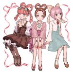  3girls ace_attorney aqua_eyes belt blue_dress blue_eyes blunt_bangs blush boots bow bow-shaped_hair brown_belt brown_dress brown_footwear brown_gloves brown_hair bubble_skirt closed_mouth cropped_jacket dress drill_hair frilled_shirt_collar frilled_sleeves frills full_body geta ghost_trick gloves goggles goggles_on_head hair_bow hair_rings hands_on_own_knees hanten_(clothes) highres in-franchise_crossover invisible_chair iris_wilson jacket japanese_clothes jewelry kamila_(ghost_trick) kimono long_hair long_sleeves looking_at_viewer magatama magatama_necklace multiple_girls necklace obi pearl_fey pink_hair pink_jacket pink_ribbon pink_sash puffy_sleeves renshu_usodayo ribbon sash shirt shoes short_hair short_kimono sitting skirt smile socks the_great_ace_attorney twintails waist_bow white_background white_jacket white_kimono white_shirt white_socks yellow_bow 