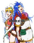  1boy 1girl 3104 angel_wings armor blonde_hair blue_eyes blue_hair breath_of_fire breath_of_fire_i facial_mark feathered_wings forehead_mark gloves hairband leotard looking_at_viewer nina_(breath_of_fire_i) open_mouth red_leotard ryuu_(breath_of_fire_i) short_hair simple_background smile thighhighs white_background white_wings wings 