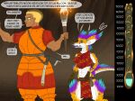  anthro armor axe blonde_hair blue_body blue_eyes blue_scales blush blush_stickers bottomwear breasts brown_body brown_scales bythebook clothing dark_body dark_skin dialogue duo eyelashes female green_sclera hair holding_object holding_torch horn human kobold mammal navel open_mouth orange_body orange_scales pink_eyes purple_tongue red_bottomwear red_clothing red_topwear scales sharp_teeth short_hair small_breasts speech_bubble teeth text thick_thighs tongue topwear torch white_body white_scales wide_hips 