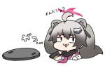  1girl :3 :d ahoge animal_ear_fluff animal_ears black_hair blue_archive chibi gradient_hair grey_hair halo long_hair long_sleeves lowres manhole_cover michiru_(blue_archive) multicolored_hair nyaru_(nyaru_4126) raccoon_ears raccoon_hair_ornament shirt short_eyebrows simple_background smile solo stuck thick_eyebrows translation_request twintails very_long_hair white_background white_shirt 