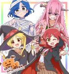  4girls :d ahoge bandages blonde_hair blue_eyes blue_hair bocchi_the_rock! cape cross cross_necklace cube_hair_ornament cup detached_ahoge drinking_glass fake_scar fang gotoh_hitori green_eyes hair_ornament halloween halloween_costume hat highres ijichi_nijika illustratorhide jewelry kita_ikuyo long_hair multiple_girls mummy_costume neck_ribbon necklace object_through_head one_eye_closed pink_hair red_eyes red_hair red_ribbon ribbon screw_in_head short_hair side_ponytail skin_fang smile trembling vampire wine_glass witch witch_hat yamada_ryo yellow_eyes 