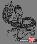  anthro blep digitigrade dinosaur dromaeosaurid feathered_dinosaur feathered_dromaeosaurid feathered_tail feathers female long_tail looking_at_viewer nude predaguy reptile scalie sitting smile solo strategically_covered tail teasing theropod thick_tail tongue tongue_out uthalla velociraptor wariza wings 