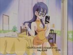 1990s_(style) 1girl 2022 aged_up anime_coloring bed blujul breasts cellphone chair cleavage cleavage_cutout clothing_cutout commentary covered_navel curtains dog dr._slump dress english_commentary english_text film_grain glasses hand_in_own_hair holding holding_phone medium_breasts norimaki_arale official_style phone purple_eyes purple_hair retro_artstyle short_dress sideboob signature smartphone subtitled table turtleneck_dress wristband yellow_dress 