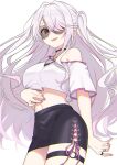  1girl :p black_choker black_skirt choker crop_top grey_hair hair_over_one_eye heart heart_necklace highres jewelry long_hair multicolored_hair necklace nijisanji pink_hair pink_nails ring shiina_yuika shiina_yuika_(10th_costume) shirt skirt solo streaked_hair sunglasses tongue tongue_out tooru_(jux) very_long_hair white_shirt 