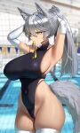  1girl anima_(togashi) animal_ears armpits bangs blush breasts competition_swimsuit covered_navel curvy grey_hair highres huge_breasts long_hair one-piece_swimsuit open_mouth original plump ponytail ribbon sideboob slit_pupils solo swimsuit tail thighhighs thighs yellow_eyes 