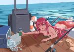  1girl 1other absurdres ass blue_eyes breast_press breasts can cleavage commentary completely_nude cooler drink english_commentary fins heterochromia highres holding holding_can holding_drink hololive hololive_english horns irys_(hololive) long_hair lying mermaid monster_girl nude ocean on_stomach outdoors pointy_ears red_eyes red_hair red_nails shift_(shiftillust) soda_can solo_focus very_long_hair virtual_youtuber water 