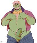  1boy arm_hair bara bare_pectorals beard big_belly blush chest_hair clothes_lift clothes_pull colored_skin cowboy_shot denim erection facial_hair girthy_penis green_skin heterochromia highres jeans large_pectorals lifted_by_self looking_at_viewer male_focus male_pubic_hair mature_male monster_boy muscular muscular_male navel navel_hair nipple_piercing nipples orc original pants pants_pull pectorals penis piercing pubic_hair ruslorc shirt_lift short_hair solo stomach thick_eyebrows thick_thighs thighs tusks 