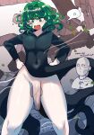  1boy 1girl absurdres bald black_dress curly_hair dress flipped_hair floating_clothes floating_rock futanari green_eyes green_hair highres large_penis long_sleeves looking_at_viewer mrcaptainart no_panties one-punch_man open_mouth pelvic_curtain penis psychic rubble saitama_(one-punch_man) short_hair tatsumaki testicles translation_request 