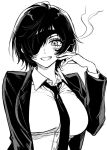  1girl akiyama_enma black_hair breasts chainsaw_man cigarette collared_shirt eyepatch greyscale himeno_(chainsaw_man) holding holding_cigarette large_breasts looking_at_viewer monochrome necktie parted_lips shirt short_hair simple_background smile smoke solo suit_jacket white_background 