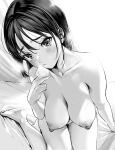  1girl bed_sheet blush breasts cleavage closed_mouth collarbone condom greyscale head_tilt highres holding holding_condom large_breasts looking_at_viewer monochrome nipples nude original short_hair simple_background sitting soles solo sweat toro_tarou yokozuwari 