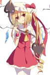  1girl ascot blonde_hair busujima_(kusahana) closed_mouth collared_shirt cowboy_shot crystal fang fang_out flandre_scarlet frilled_shirt_collar frilled_skirt frilled_sleeves frills hat head_tilt highres holding holding_polearm holding_weapon laevatein_(touhou) light_smile long_hair looking_at_viewer mob_cap one-hour_drawing_challenge one_side_up pantyhose polearm puffy_short_sleeves puffy_sleeves red_eyes red_skirt red_vest shirt short_sleeves skirt skirt_set solo touhou vest weapon white_background white_headwear white_pantyhose white_shirt wings yellow_ascot 
