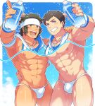  2boys abs aopanda armband bara black_hair border bottle briefs bulge cloud day enjoji_michiru green_eyes headband highres holding holding_bottle idolmaster idolmaster_side-m large_pectorals looking_at_viewer male_focus male_underwear multiple_boys muscular muscular_male navel nipples open_mouth outdoors pectorals purple_eyes shingen_seiji short_hair sky smile teeth topless_male underwear water_bottle white_border white_headband white_male_underwear wristband 