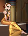  1girl absurdres armlet breasts brown_eyes cleopatra covered_nipples dress egyptian egyptian_clothes eyeshadow green_eyeshadow hair_bun hairband highres jewelry looking_at_viewer makeup necklace pzkpfwi real_life red_hair sitting small_breasts solo 