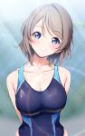  1girl amagi_(volfuji) bare_arms bare_shoulders blue_eyes blush breasts brown_hair cleavage closed_mouth collarbone competition_swimsuit highres large_breasts looking_at_viewer love_live! love_live!_sunshine!! one-piece_swimsuit short_hair smile solo swept_bangs swimsuit upper_body watanabe_you 